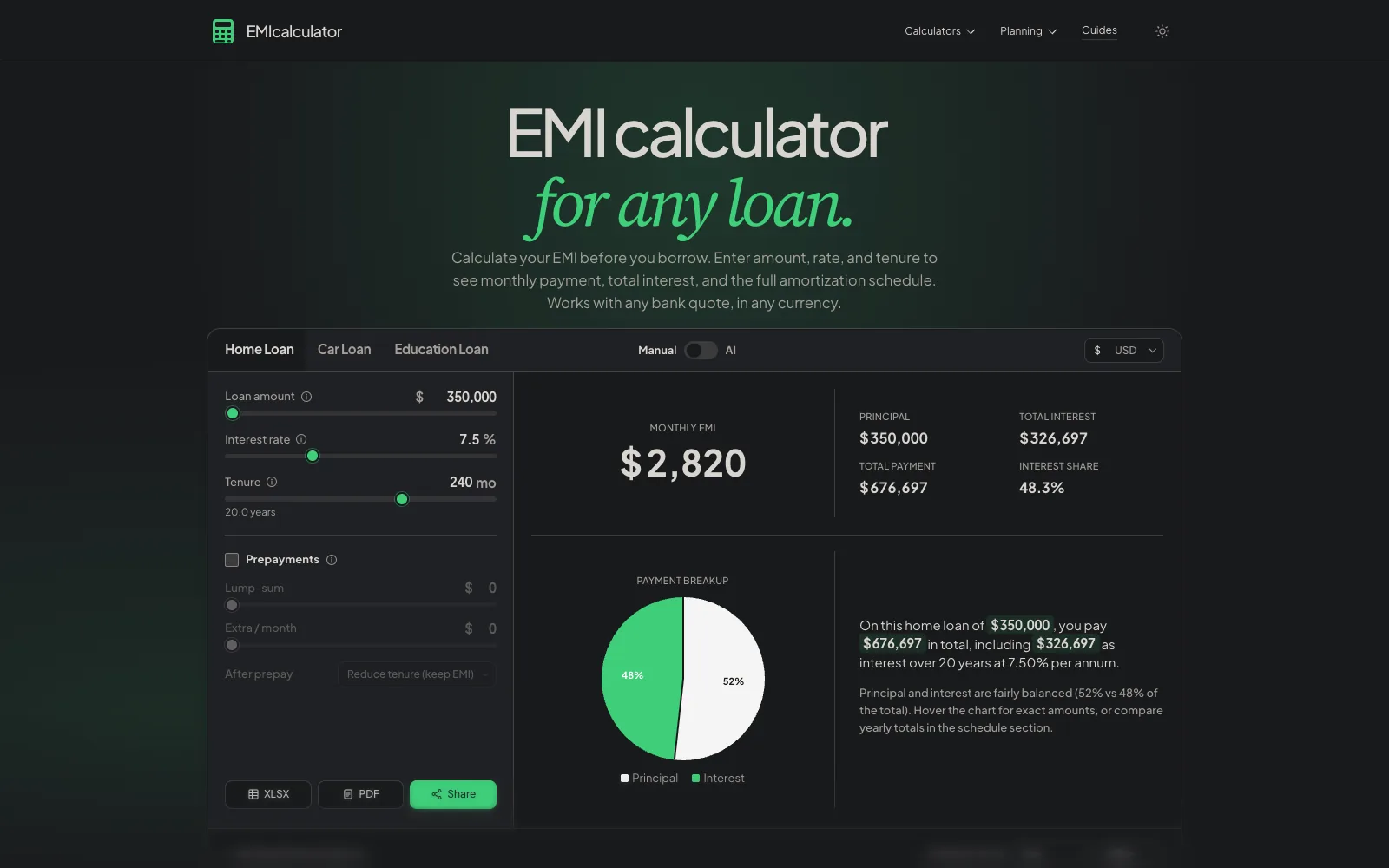 emicalculator.app homepage (dark)