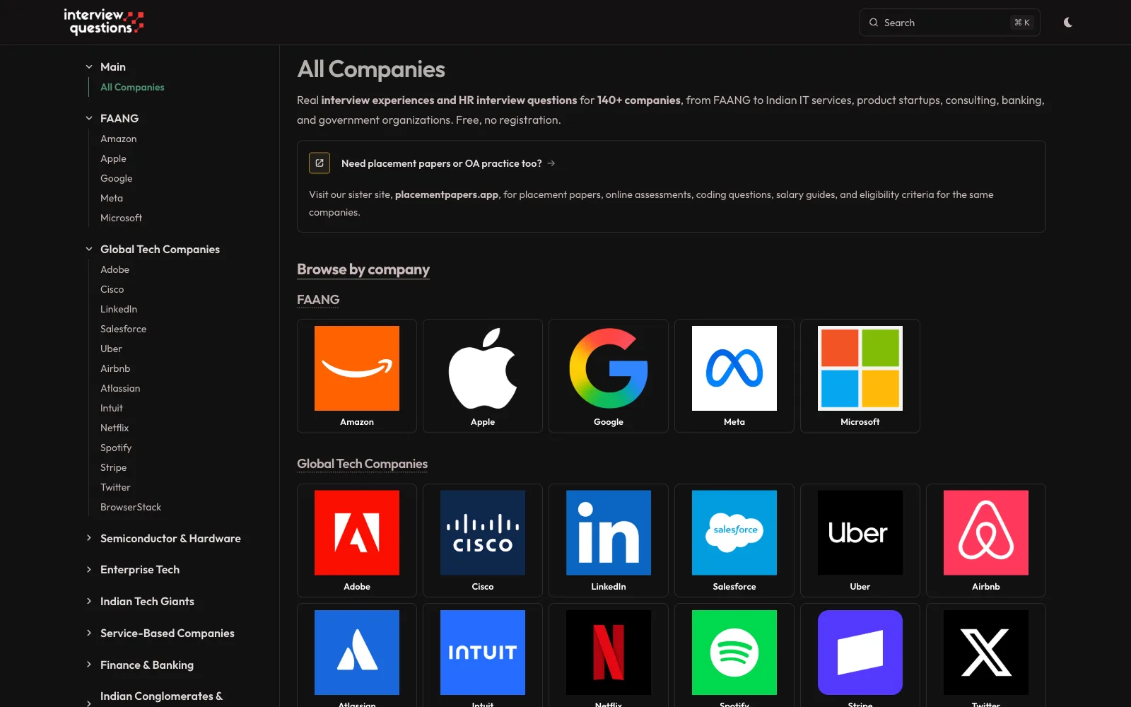 interviewquestions.app homepage (dark)