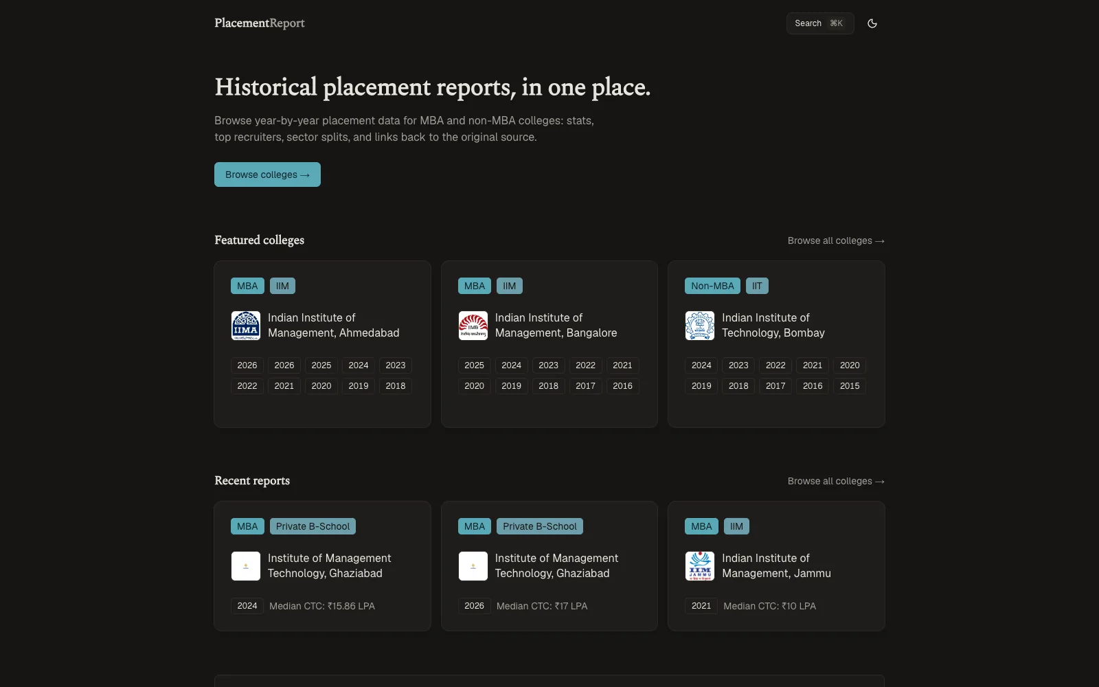 placement.report homepage (dark)