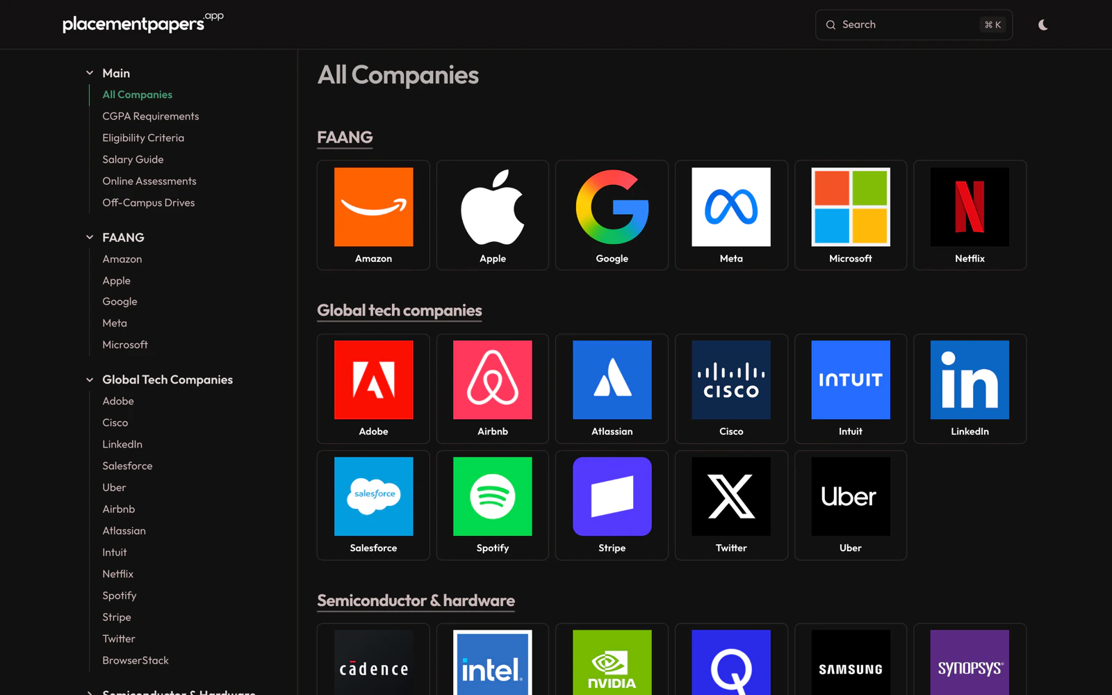 placementpapers.app homepage (dark)